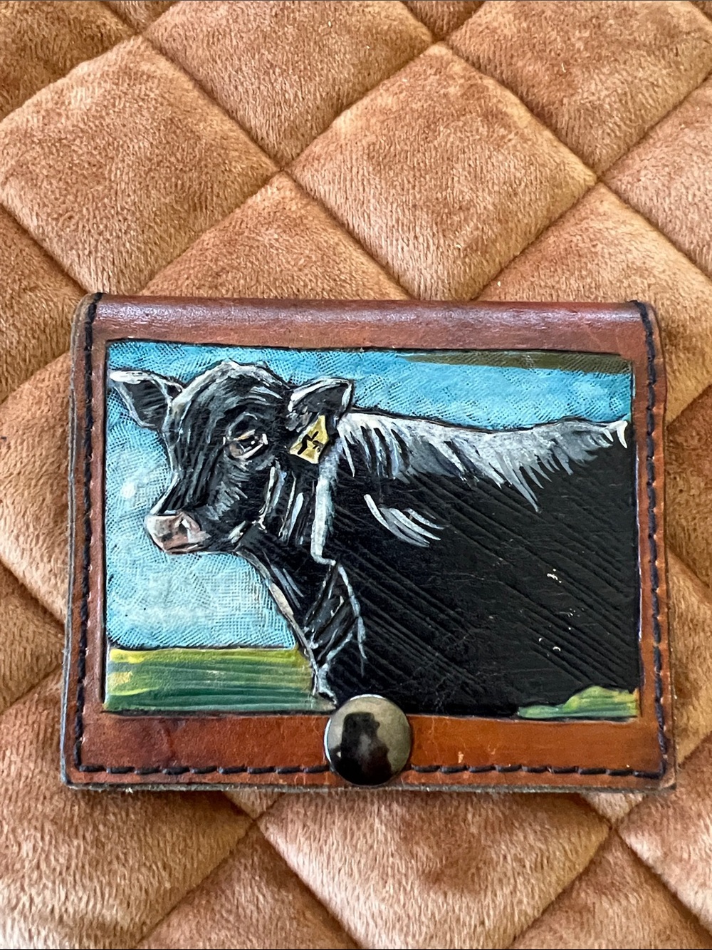 Hand-Painted Leather Card Wallet with Black Cow Motif